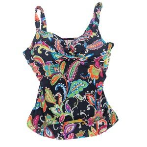 Anne Cole Tankini Top Women 36D 34DD Navy Paisley Floral Twist Front Swim Resort